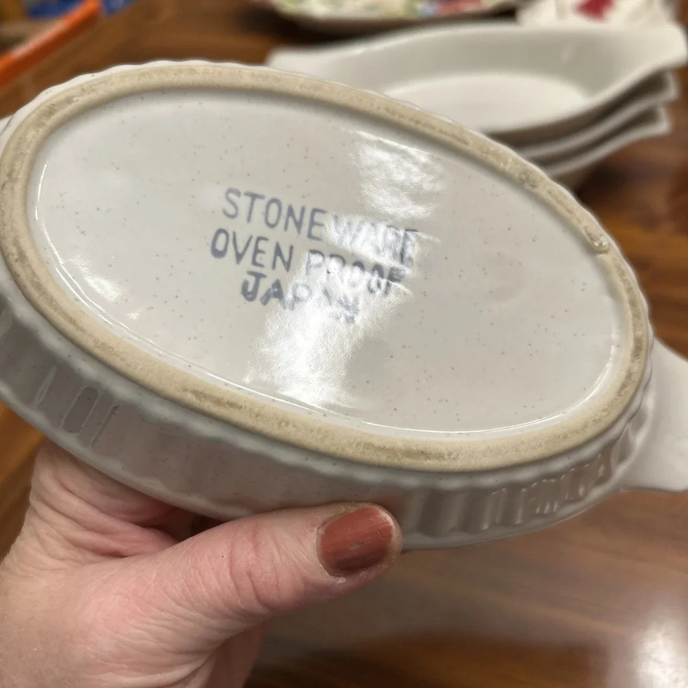 VTG Au Gratin Handled Baking Dishes Oven Proof Japan Bakeware White Set 4 Speckl